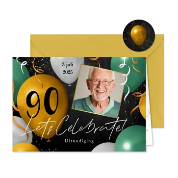 Uitnodiging feestje 90 jaar ballonnen foto slingers groen